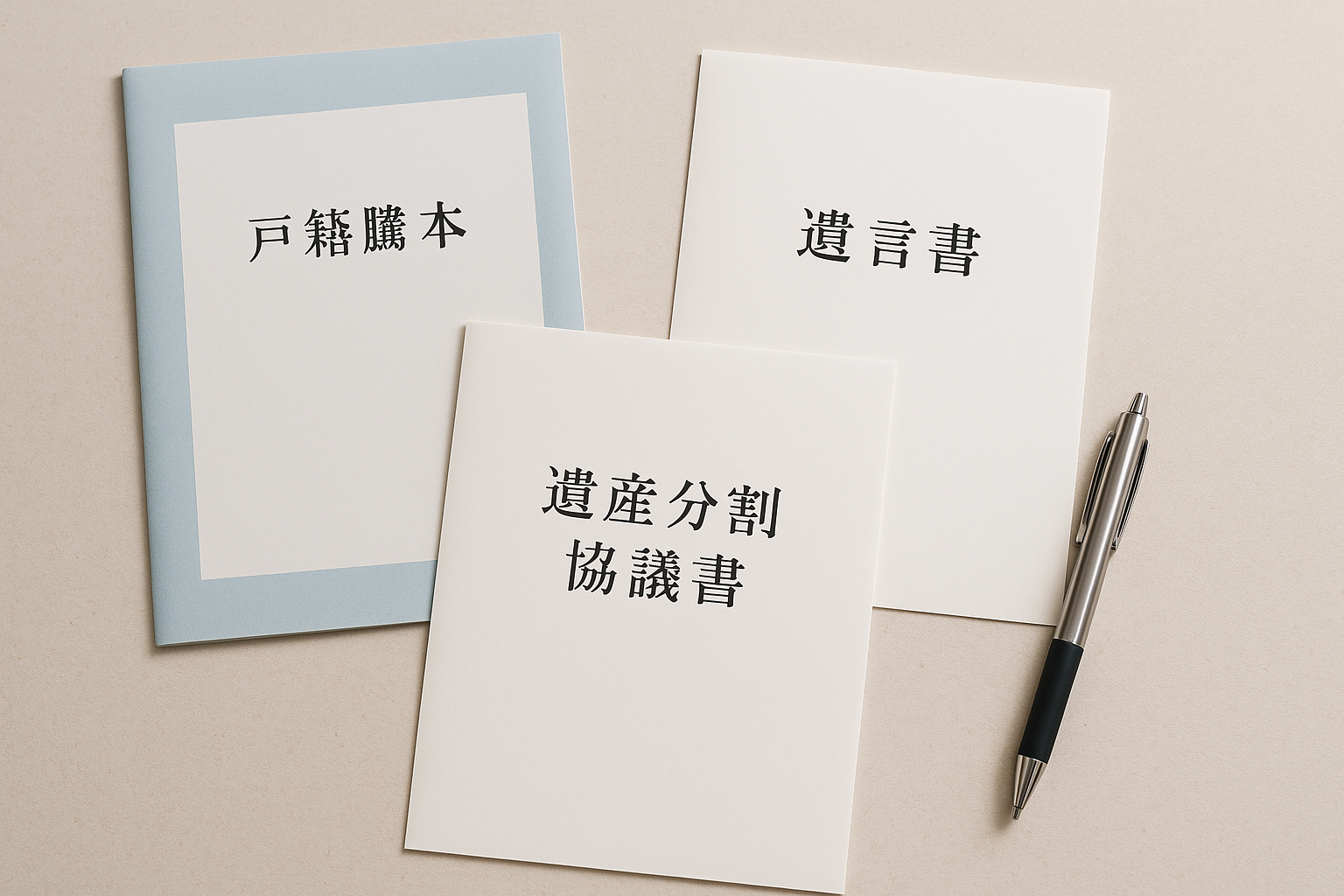 相続登記のパターン別に必要な書類（戸籍謄本、遺言書、遺産分割協議書）が机の上に並べられている。