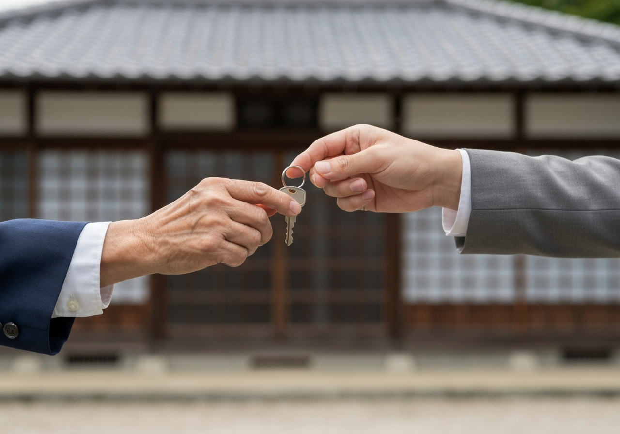 相続による不動産の承継をイメージさせる、家の鍵を手渡している写真。