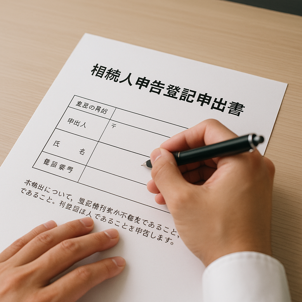 過料を回避するための救済制度である相続人申告登記の書類を記入しているイメージ。
