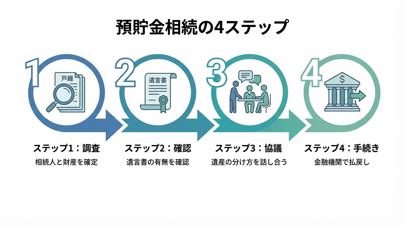預貯金相続の4つのステップ(相続人と財産の確定、遺言書の確認、遺産分割協議、金融機関での手続き)をアイコンとテキストで示した図解。