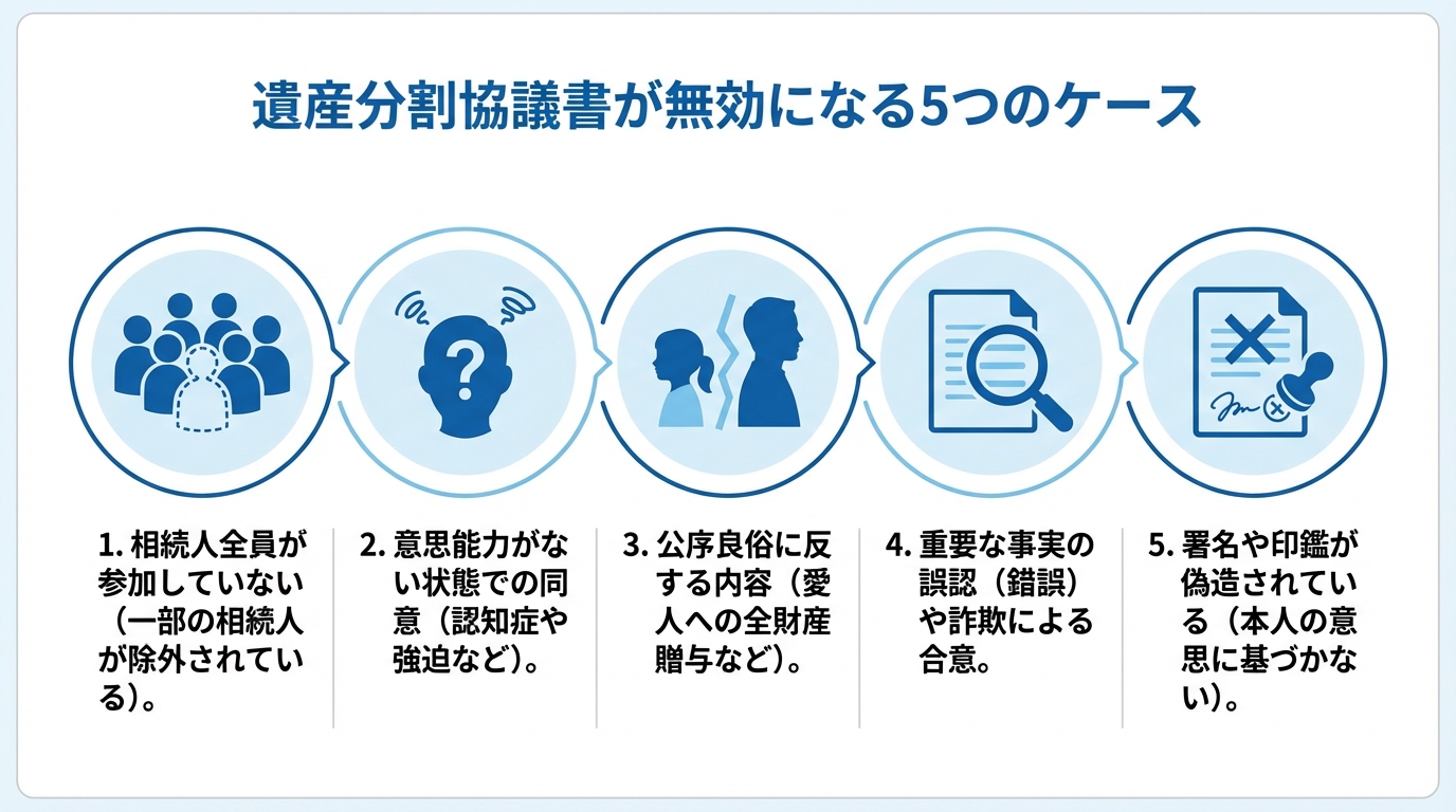 遺産分割協議書が無効になる5つのケースを図解したインフォグラフィック。相続人の不参加、意思能力の欠如、利益相反、財産の不特定、偽造。