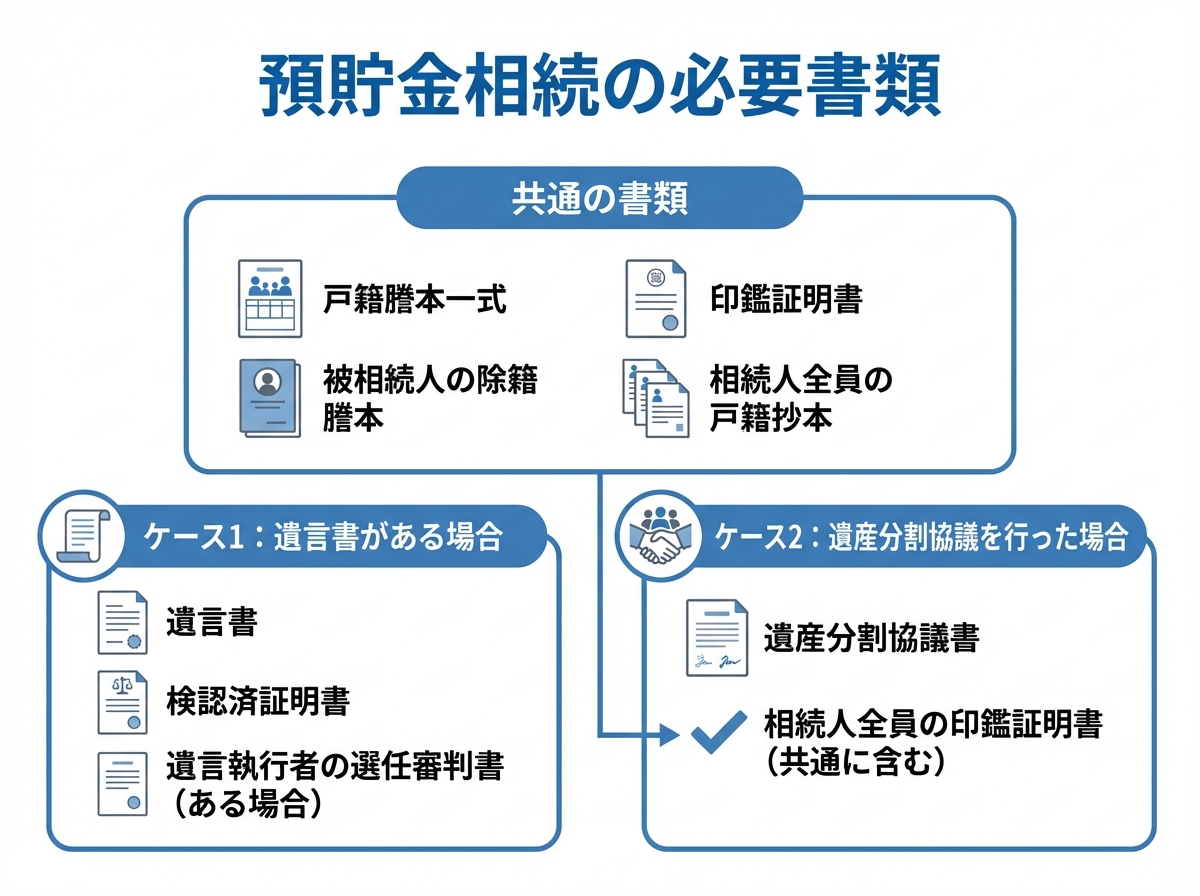 預貯金相続の必要書類をケース別にまとめたチェックリスト。「共通書類」「遺言書がある場合」「遺産分割協議を行った場合」の3パターンで必要な書類を図解。