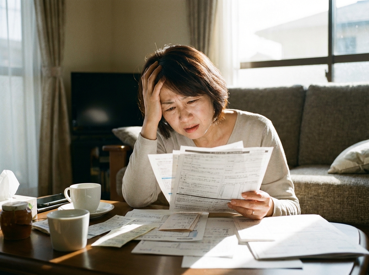 遺産分割協議書の内容に納得できず、騙されたのではないかと悩む女性。取り消しを検討している状況を表している。