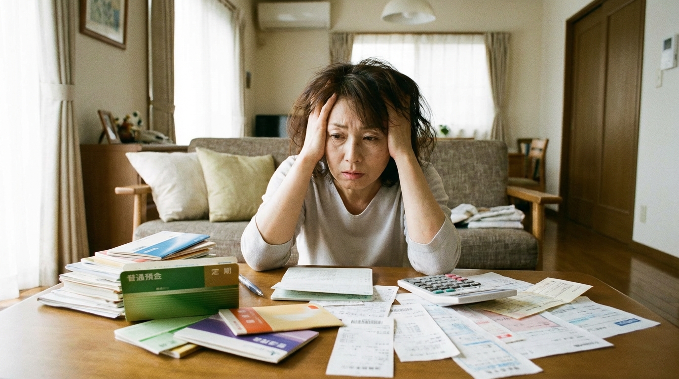 複数の銀行の通帳と書類を前に、手続きの煩雑さに頭を抱える女性。