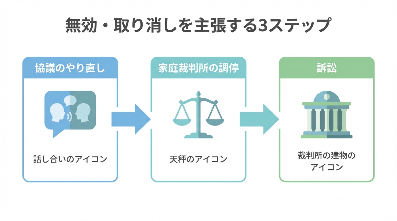 遺産分割協議の無効・取り消しを主張するための手続きの流れを図解。話し合い、調停、訴訟の3ステップ。