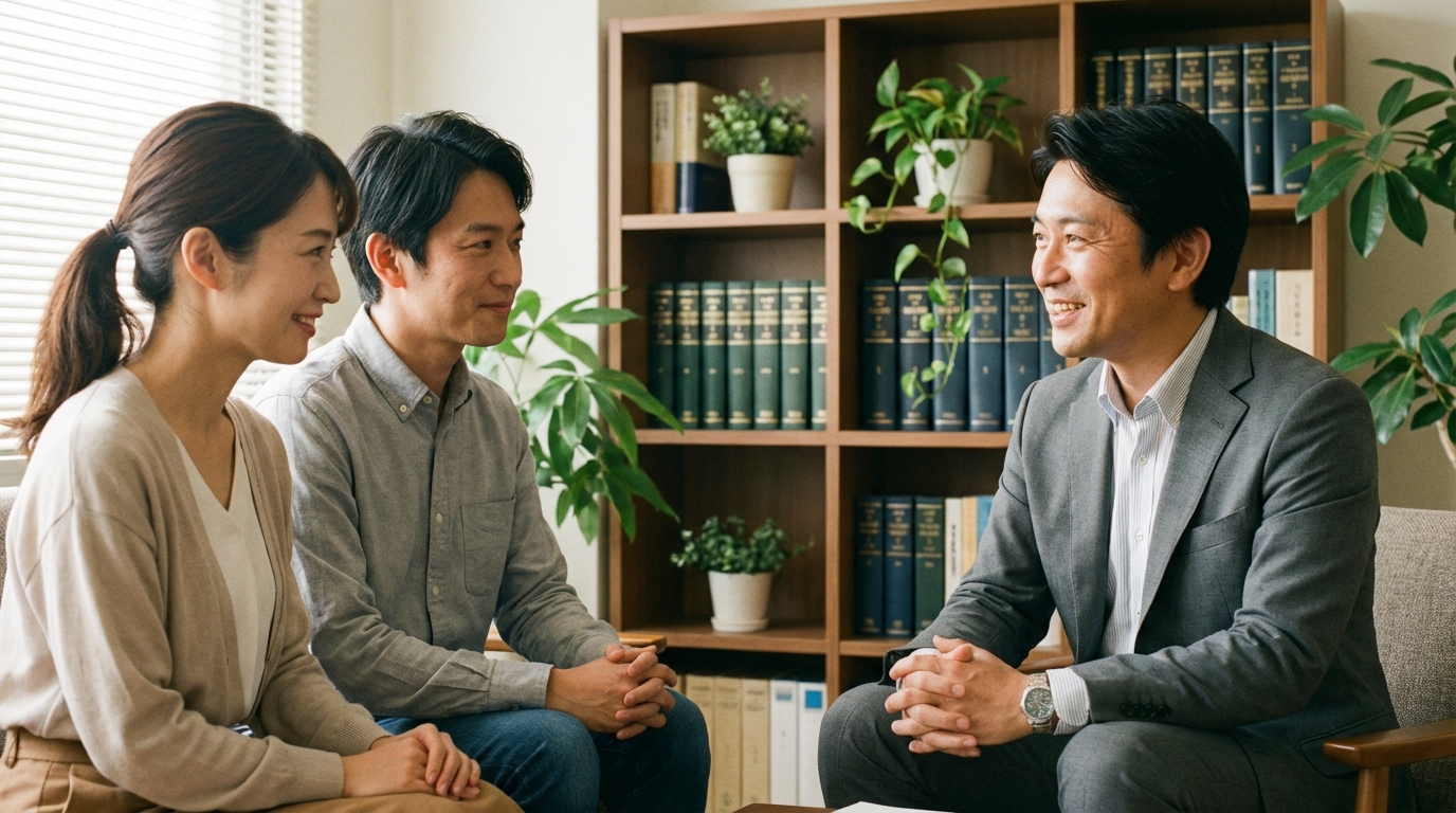 司法書士が相談者の夫婦に親身に寄り添い、安心して相談できる事務所の様子。
