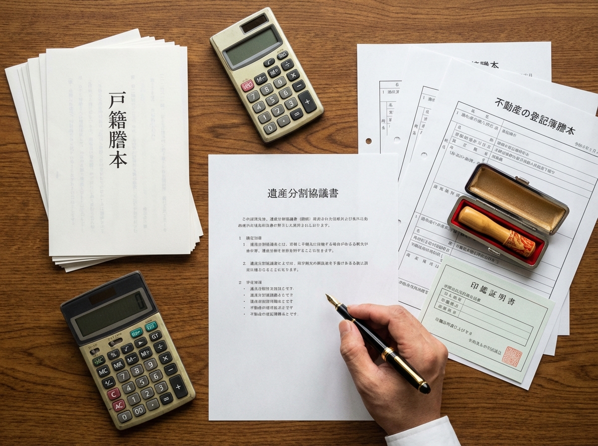 遺産分割協議書を作成するための準備物。戸籍謄本や登記簿謄本など、正確な書類作成の重要性を示している。