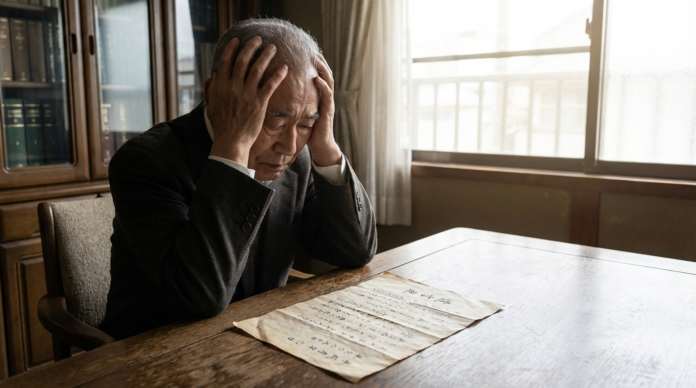 自筆証書遺言の内容に不備があり、頭を抱えて悩んでいる男性の様子。