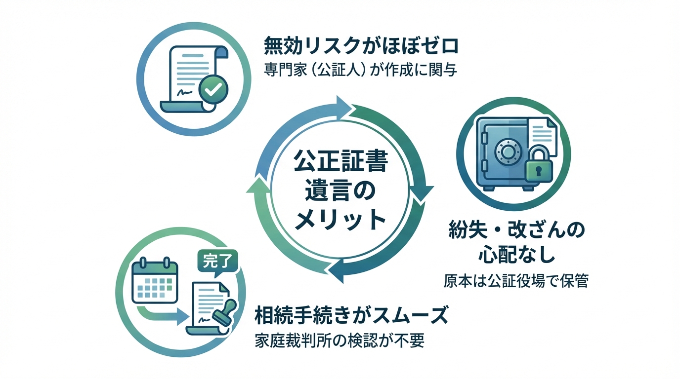 公正証書遺言の3つのメリットを図解したインフォグラフィック。無効リスクがないこと、紛失・改ざんの心配がないこと、相続手続きがスムーズに進むことがアイコンと共に示されている。
