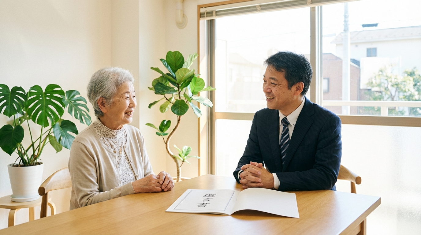 司法書士に遺言執行の相談をし、安心した表情を浮かべる女性相談者。