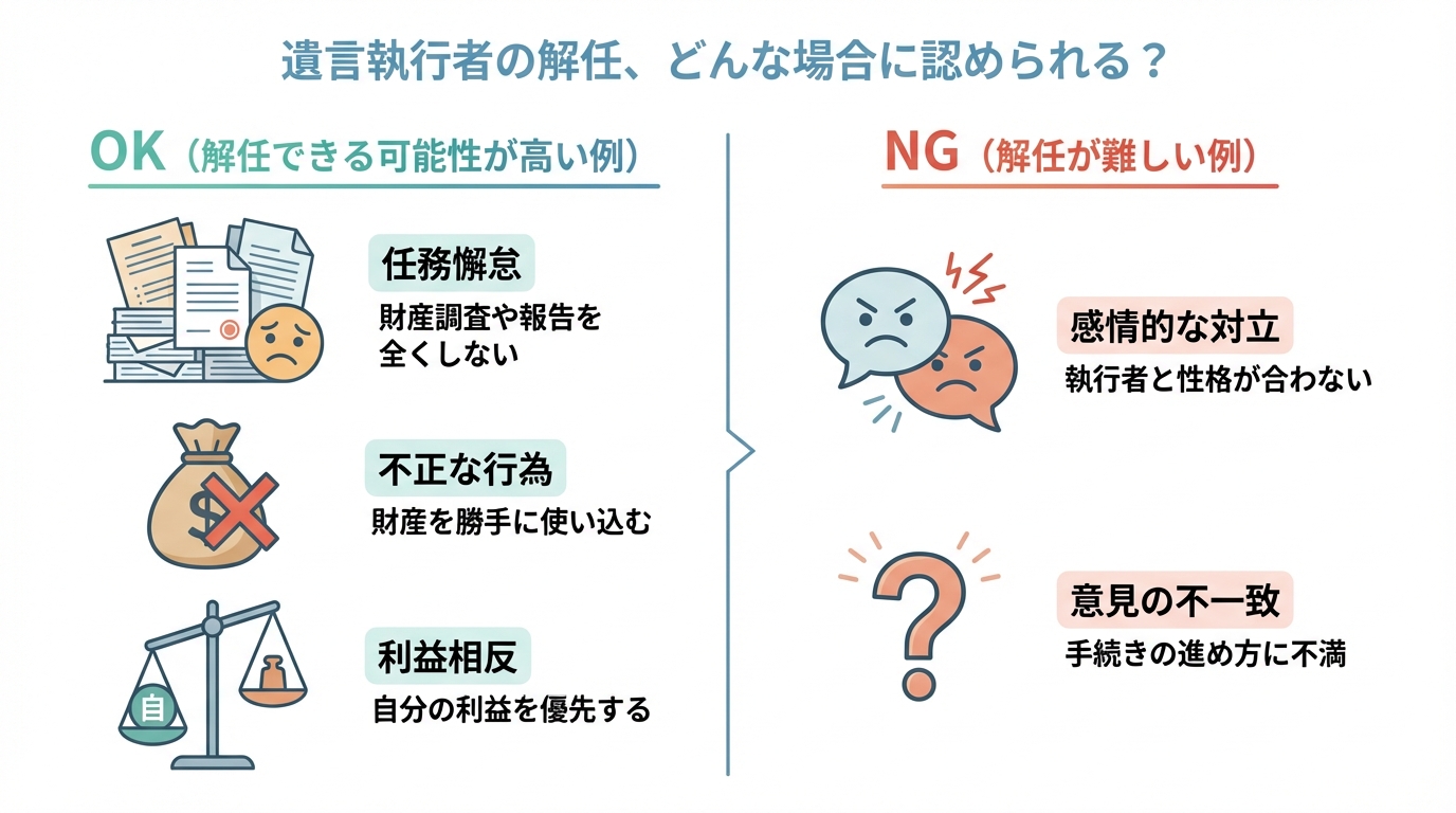 遺言執行者を解任できる正当な事由と、解任が難しいケースを比較した図解。任務懈怠や不正行為は解任理由になるが、感情的な対立では難しいことが示されている。
