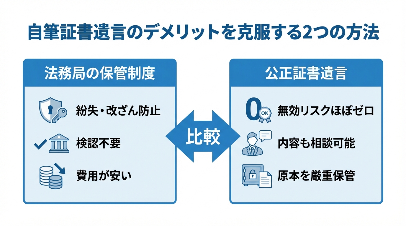自筆証書遺言のデメリットを克服する「法務局保管制度」と「公正証書遺言」のメリットを比較した図解。