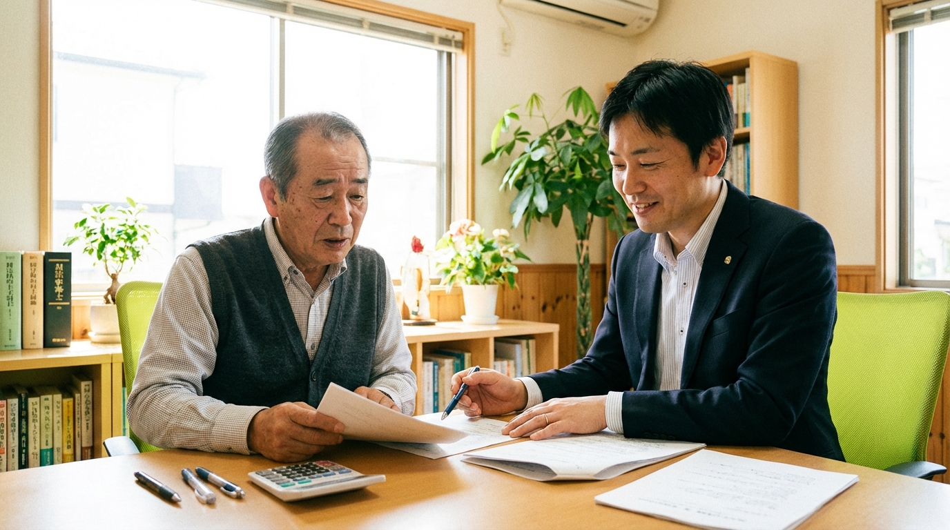 司法書士に公正証書遺言のデメリットについて相談している男性。専門家から費用や手間に関する対策の説明を受け、不安が和らいでいる様子。