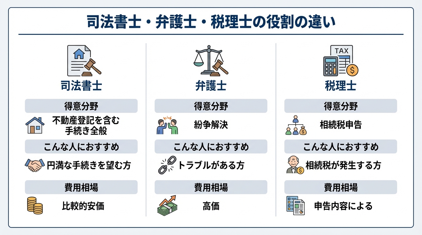 遺言執行における司法書士、弁護士、税理士の役割と費用の違いを比較した図解。