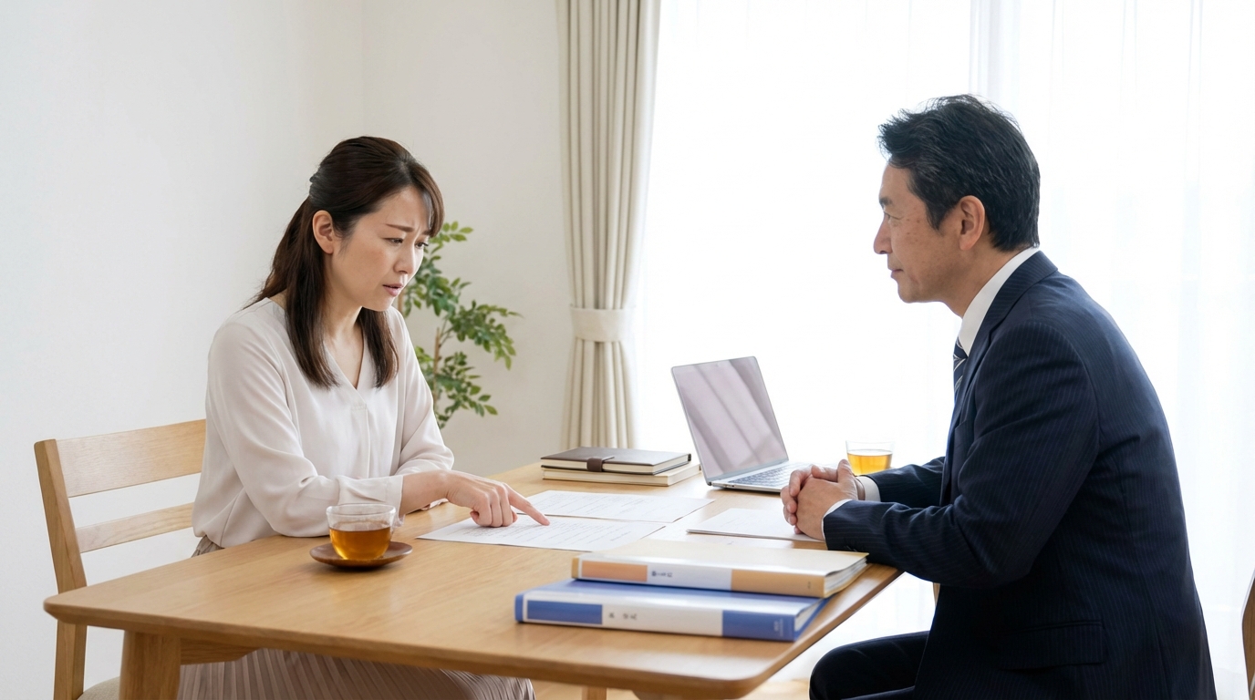司法書士事務所で、遺言執行のトラブルについて相談する女性。司法書士が親身に話を聞いている。
