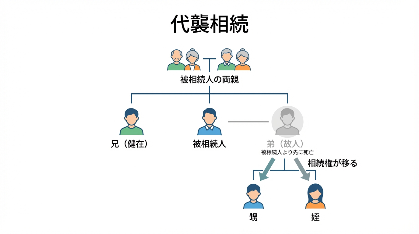 兄弟姉妹の代襲相続の仕組みを説明する家系図。被相続人より先に亡くなった弟の相続権を、その子である甥と姪が代わりに引き継ぐ様子が示されている。