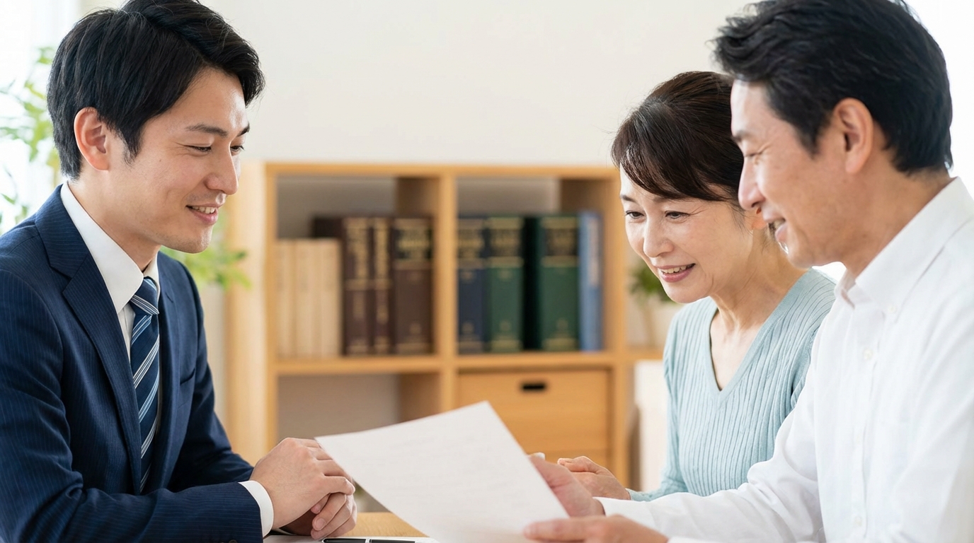 司法書士事務所で、司法書士に相談している夫婦。親身に話を聞く司法書士の様子から、安心して相談できる雰囲気が伝わる。