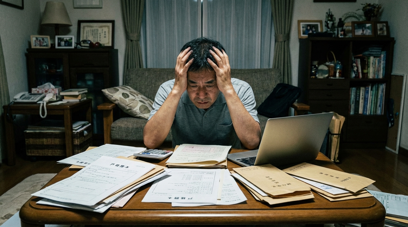 複雑な遺言執行手続きの書類を前に、一人で悩み頭を抱える男性。