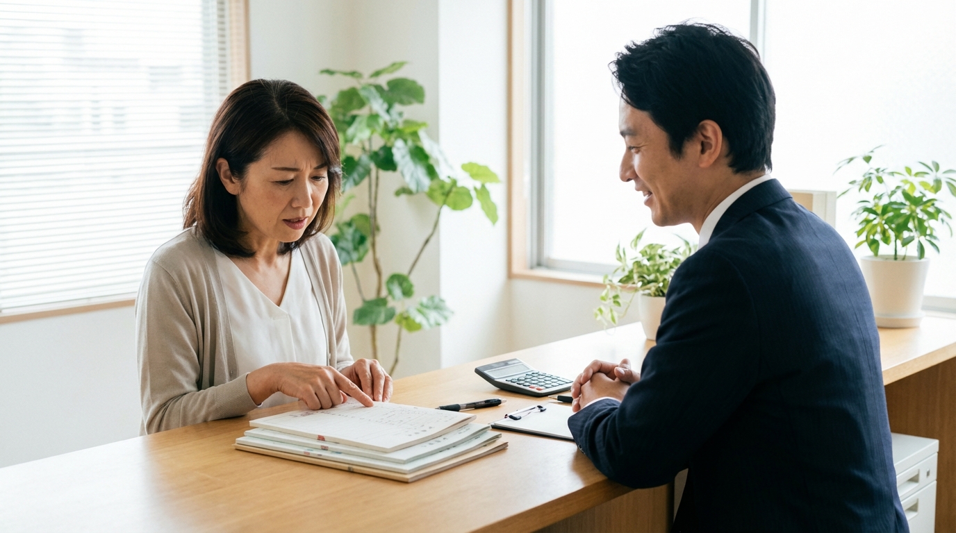 司法書士に相続の相談をする女性。山積みの戸籍謄本を前に、専門家が親身にアドバイスをしている。
