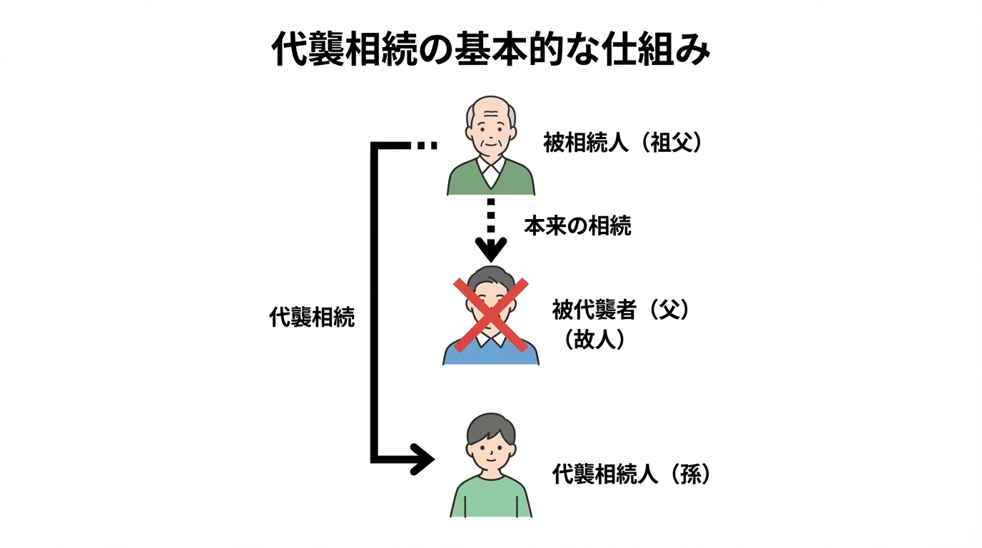 代襲相続の基本的な仕組みを図解。被相続人(祖父)の財産が、先に亡くなった被代襲者(父)を飛ばして、代襲相続人(孫)に相続される流れを示している。