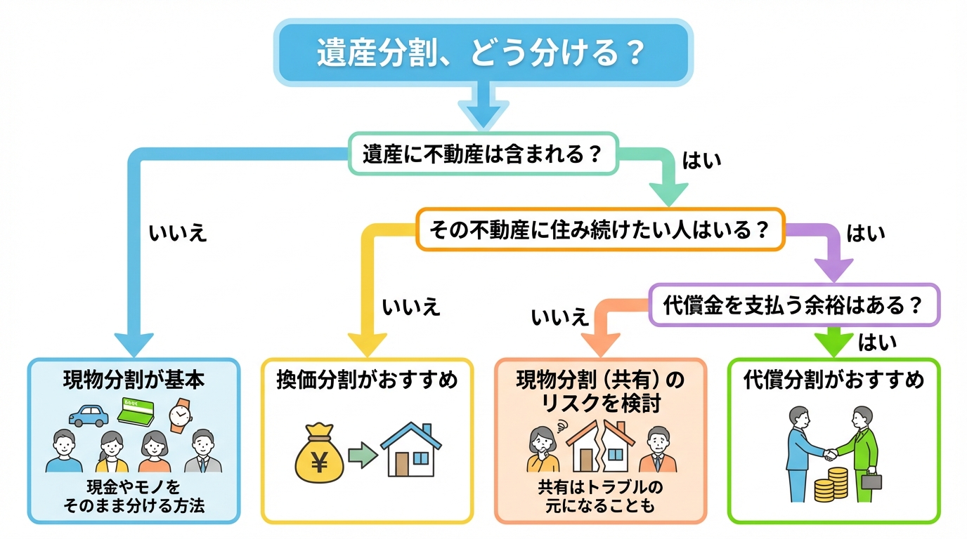 遺産分割の最適な方法を見つけるための診断フローチャート。質問に答えていくと、現物分割、換価分割、代償分割のどれが適しているかがわかる。