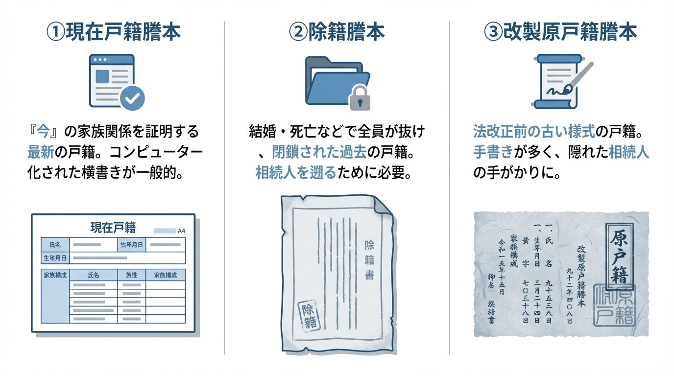 相続登記に必要な「現在戸籍」「除籍謄本」「改製原戸籍謄本」の3種類の違いを、役割と見た目の特徴で比較した図解。