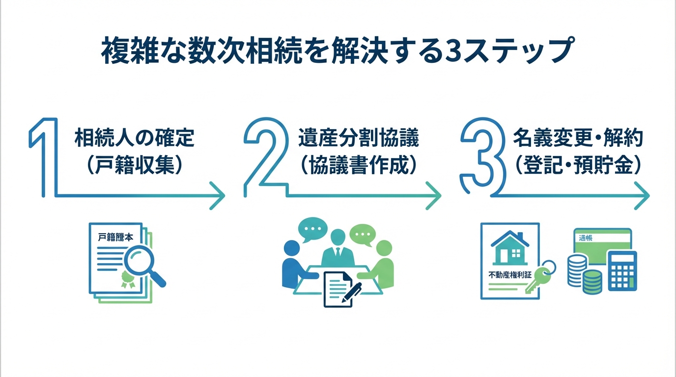 数次相続を解決するための3つのステップを示した図解。ステップ1は相続人の確定、ステップ2は遺産分割協議、ステップ3は名義変更・解約という流れが示されている。