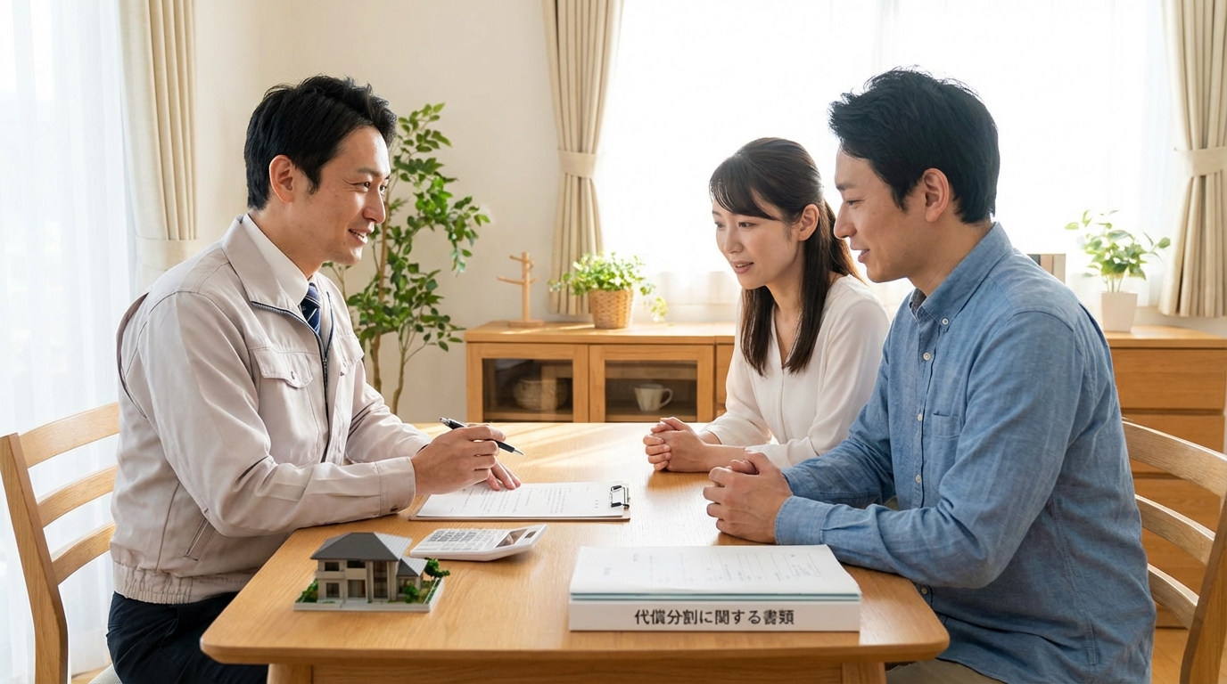 司法書士に代償分割について相談する夫婦。テーブルの上の家の模型を見ながら、専門家からアドバイスを受けている。