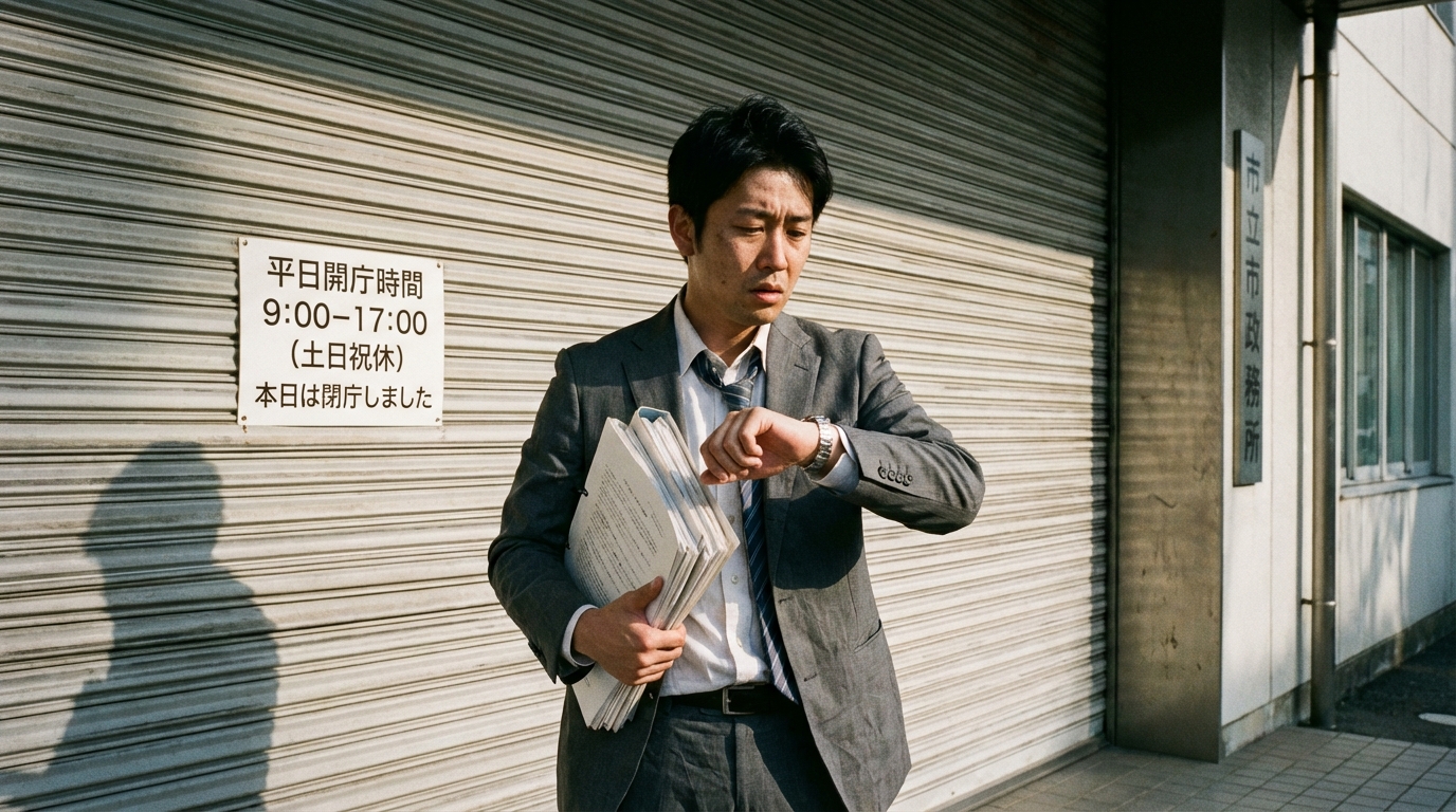 平日の役所の前で戸籍収集の困難さに直面し、途方に暮れる男性。