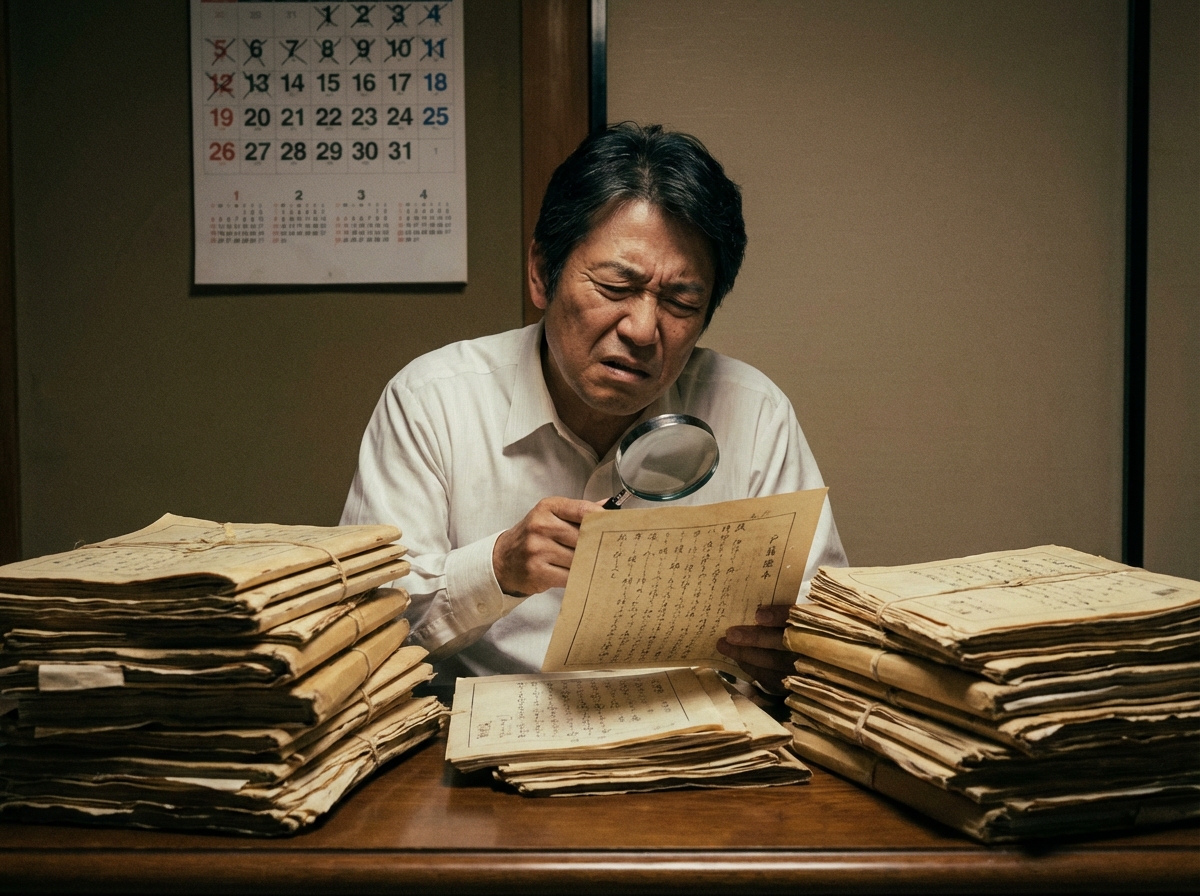 古い戸籍謄本の解読に苦戦し、途方に暮れる男性。相続手続きにおける戸籍収集の困難さを象徴している。