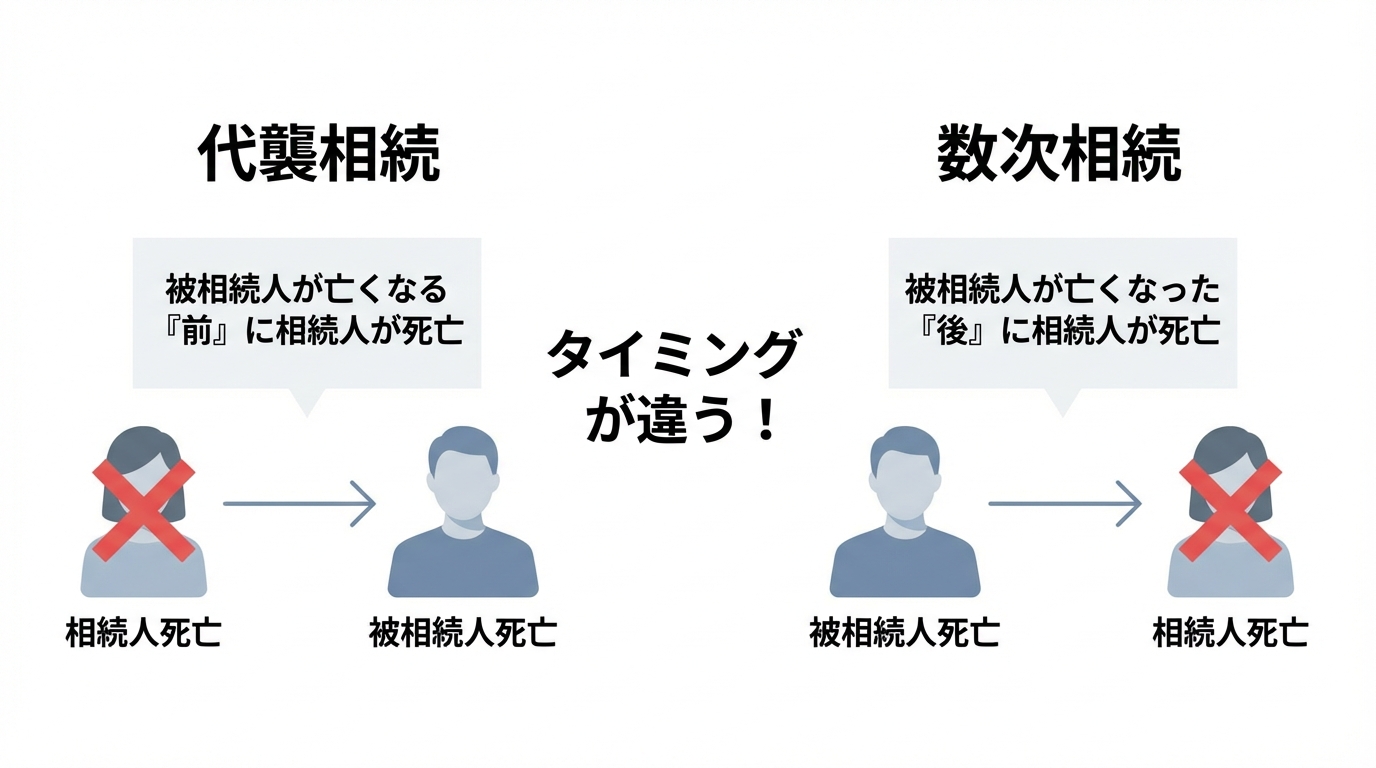 代襲相続と数次相続の違いを比較する図解。代襲相続は被相続人より前に相続人が死亡するケース、数次相続は被相続人の後に相続人が死亡するケースであることを時系列で示している。