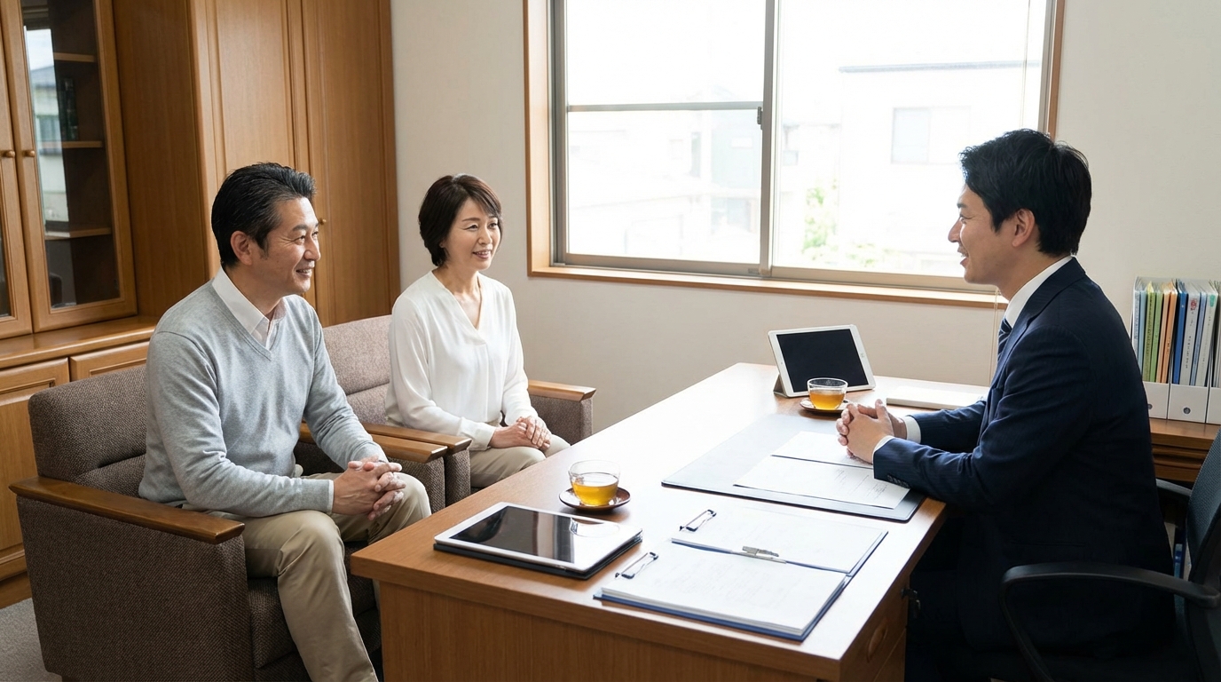 司法書士おおもり事務所で、安心した表情で司法書士に相談する夫婦。