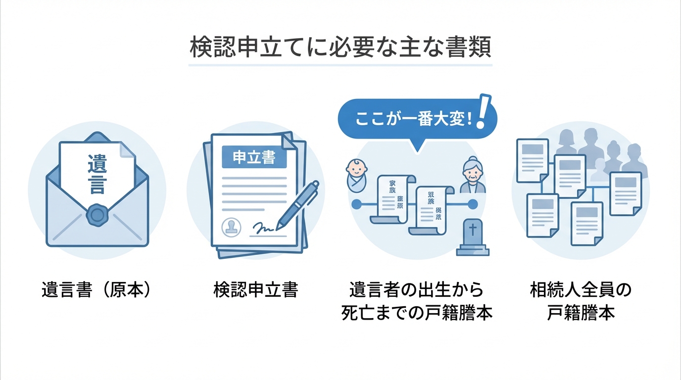 遺言書検認の必要書類一覧を図解したインフォグラフィック。遺言書、申立書、出生から死亡までの戸籍謄本、相続人全員の戸籍謄本がリストアップされている。