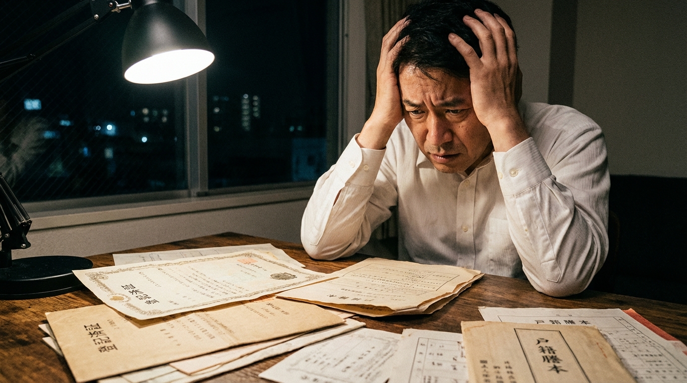 相続登記の住所が繋がらない問題を放置し、過料や不動産売却不可といったリスクに直面して悩む男性。