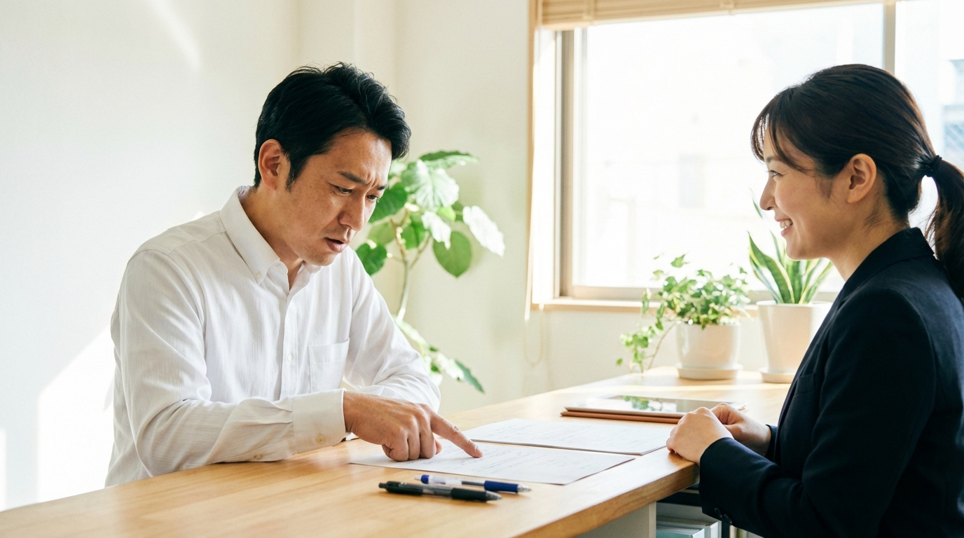 司法書士に遺言書検認の相談をしている男性。専門家に相談することで安心感を得ている様子。