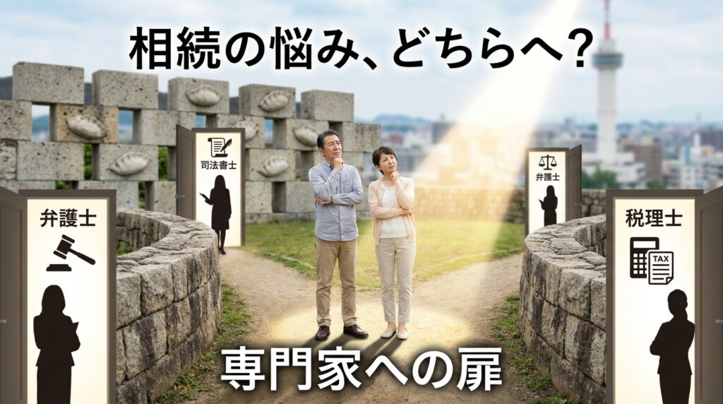 Couple at a path with doors labeled lawyers, judicial scrivener, and tax accountant, deciding where to seek inheritance help; title asks which way to go for inheritance worries.
