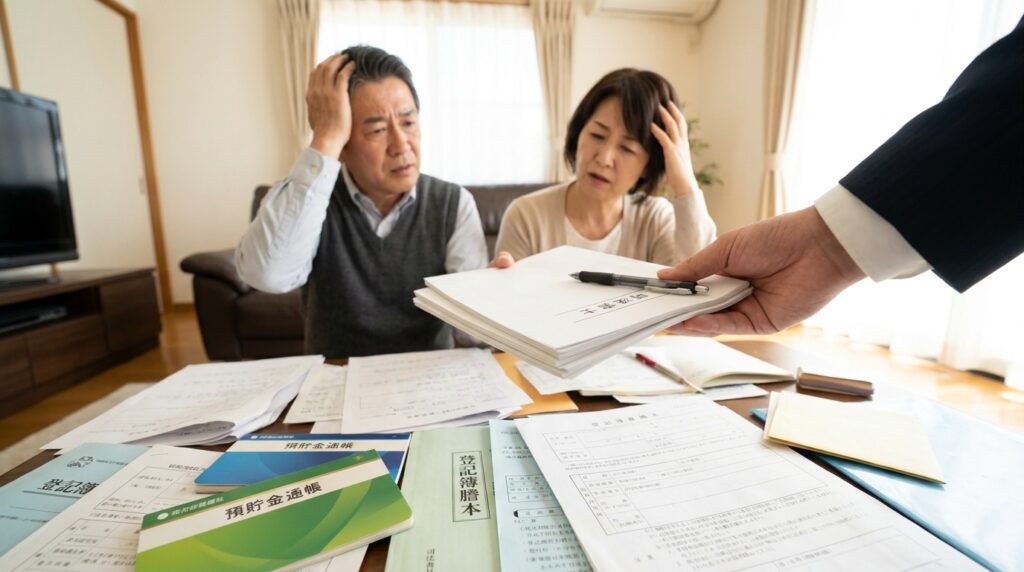 A worried middle-aged couple sits at a coffee table covered with forms and folders, as a hand extends a stack of documents toward them in a home setting.
