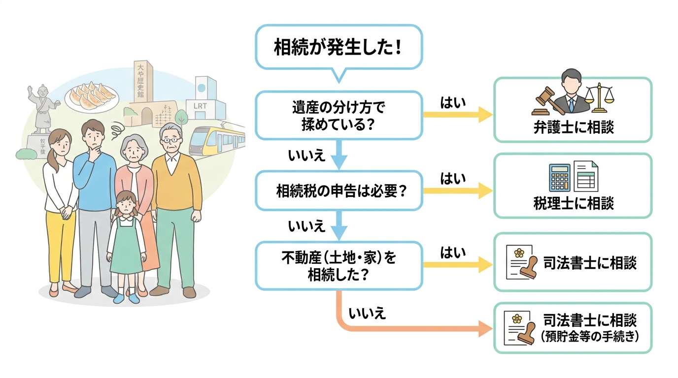 相続の相談先が30秒でわかる診断フローチャート。遺産分割で揉めているか、相続税申告が必要か、不動産を相続したか、という質問に答えることで弁護士・税理士・司法書士の誰に相談すべきかがわかる。