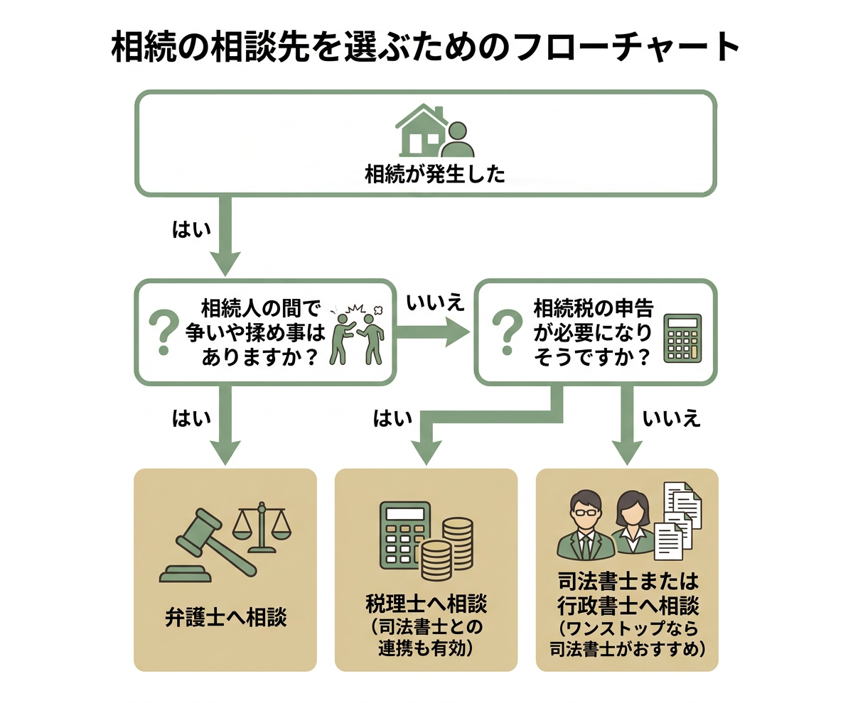 相続が発生した後の相談先を選ぶフローチャート。争いがある場合は弁護士へ、税理士へ、司法書士・行政書士へ相談する流れを示す図。