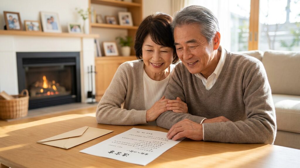 Older couple sitting at a wooden table, smiling as they read a letter together; envelope sits nearby in a cozy living room with a fireplace and family photos in the background.
