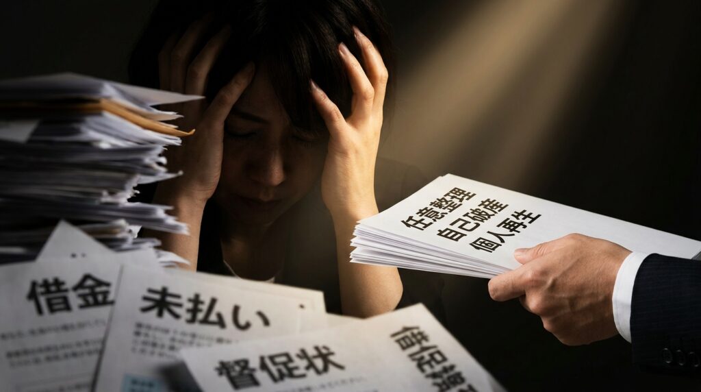 An anxious woman holds her head as a suited person hands her a stack of papers with bold Japanese text about unpaid debts or reminders, amid other bills nearby.
