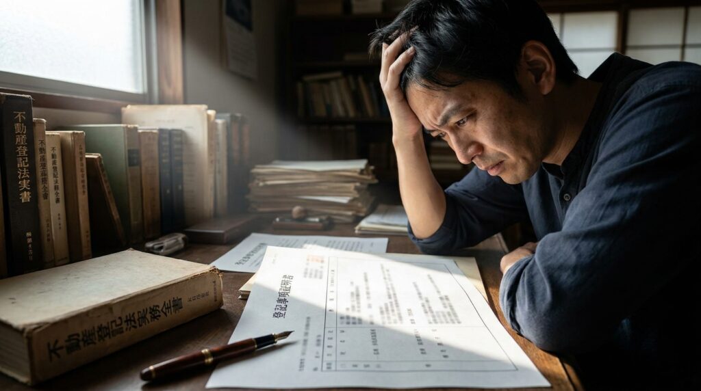 Man sits at a cluttered desk, head in hand, looking stressed while reviewing papers.",