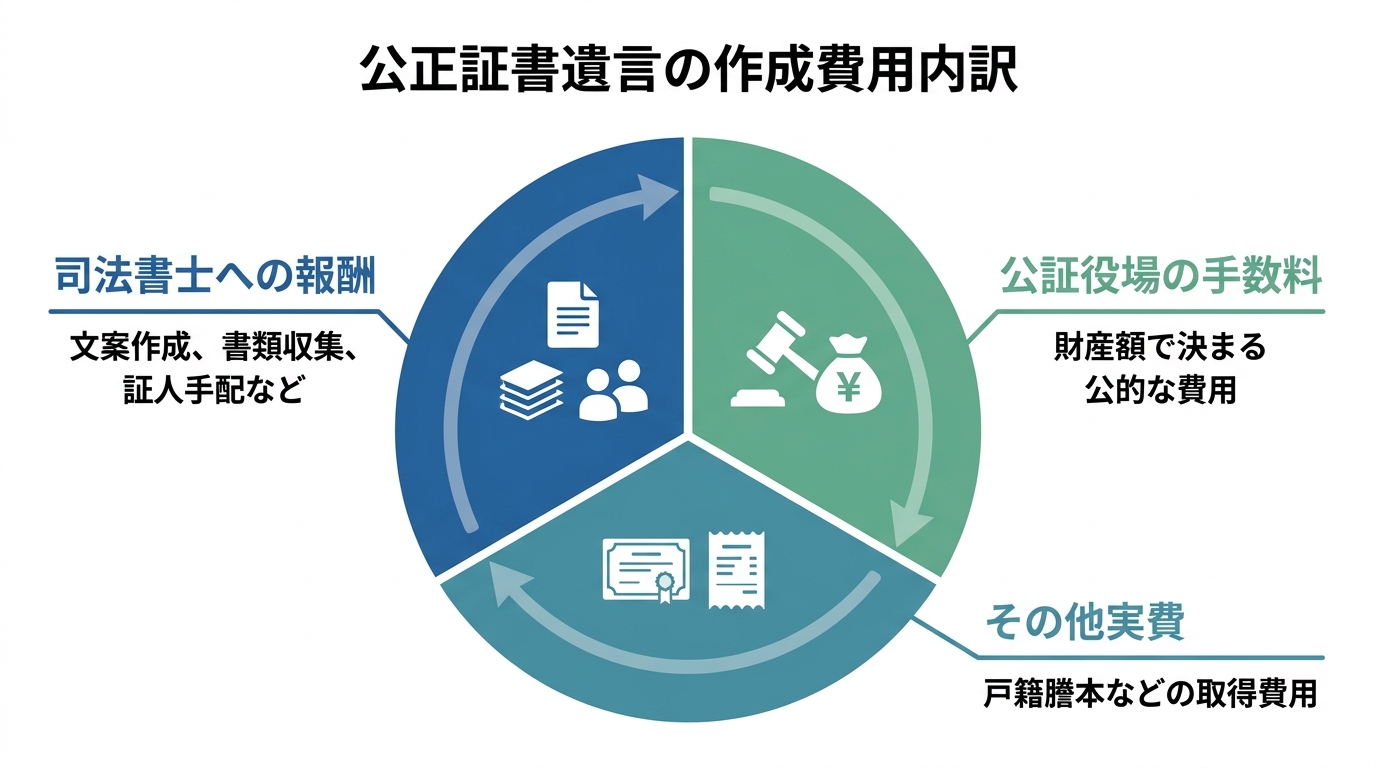 公正証書遺言作成にかかる費用の内訳を示す円グラフ。司法書士報酬、公証人手数料、その他実費の3つの要素で構成されている。