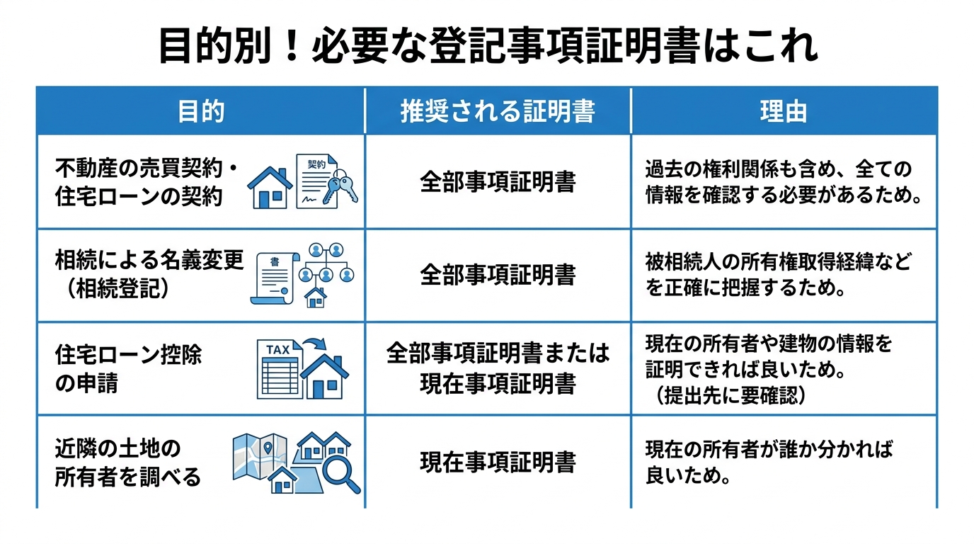目的別に推奨される登記事項証明書の種類をまとめた一覧表。不動産売買や相続では全部事項証明書、所有者確認だけなら現在事項証明書が推奨されることが示されている。
