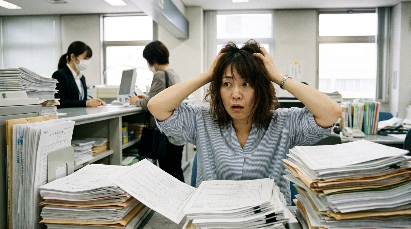 山積みの相続手続き書類を前に途方に暮れる女性