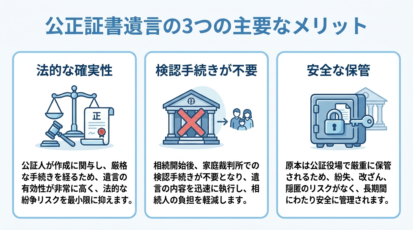 公正証書遺言の3つのメリットを示す図解。法的な確実性(無効リスクが低い)、検認不要(相続人の手間削減)、安全な保管(紛失・偽造防止)がアイコン付きで解説されている。
