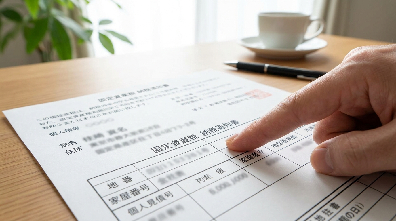 固定資産税の納税通知書に記載されている「地番」と「家屋番号」の欄を指で示している様子。登記事項証明書の請求に必要な情報を確認している。
