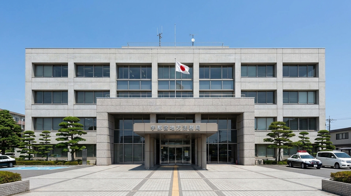 栃木県宇都宮市にある宇都宮地方法務局(本局)の建物外観。晴れた日に撮影された正面からの写真。