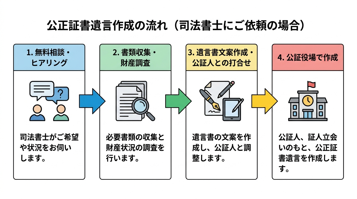 公正証書遺言作成の4ステップ。無料相談、書類収集、文案作成、公証役場での作成という流れが図解されている。