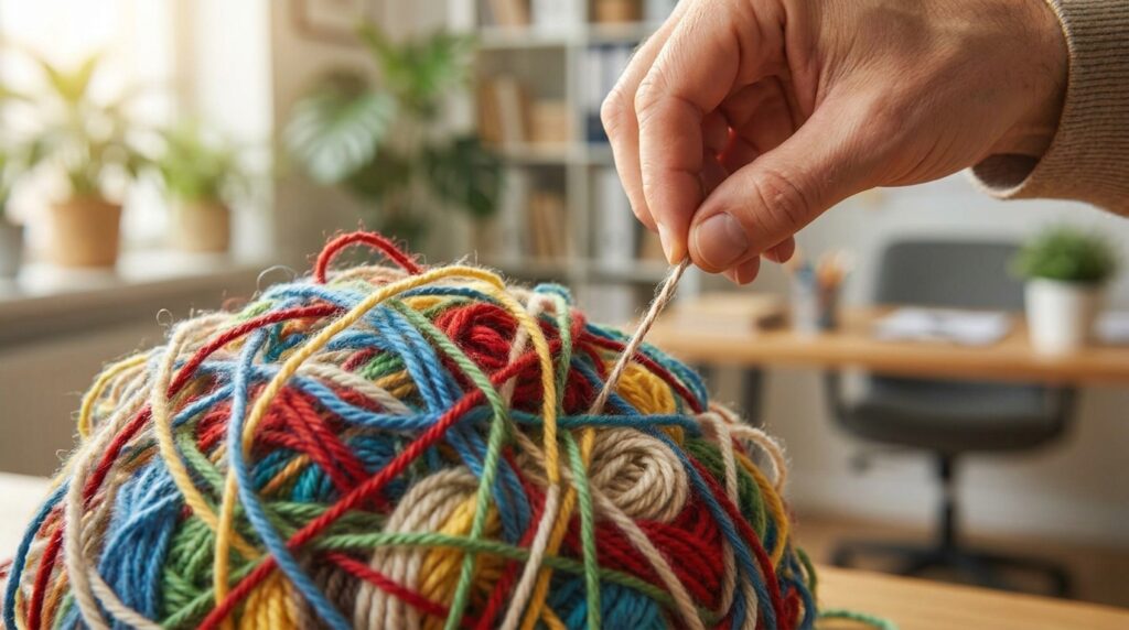 Hand picks a strand from a large ball of multicolored yarn in a bright, cozy craft room setting.